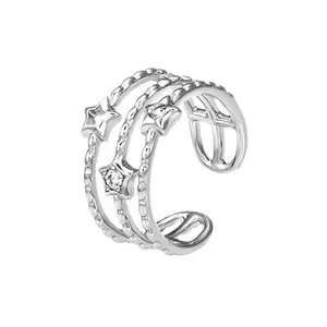 Adjustable Silver Star Open Ring, Multi Layer Stacked Ring with 3 Different Stars, Shiny Minimalist Fashion Jewelry