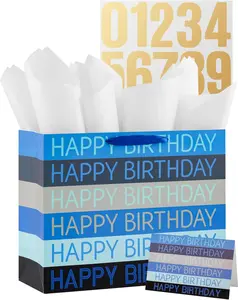 Happy Birthday  Bag with Tissue Paper, Card and sticker, 13" Large  Bag for Women Men  Birthday Party (Blue)