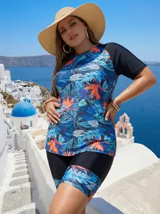tropical plant print women's plus size Tankini two-piece set, Tankini with shorts, a round neck short sleeved flat cornered swimsuit set that covers flesh and makes you look slimmer, a must-have item for fashionable women's summer holiday celebrations