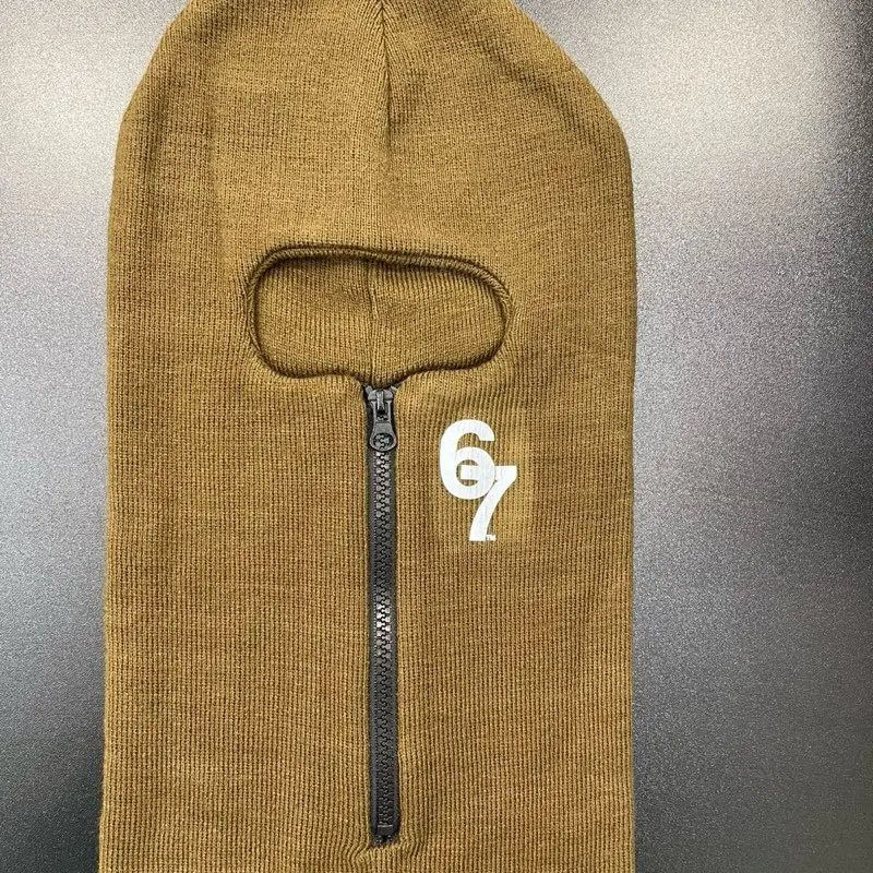 Brown Knit Balaclava Ski Mask with Zipper Face Cover 67 Logo Winter Beanie