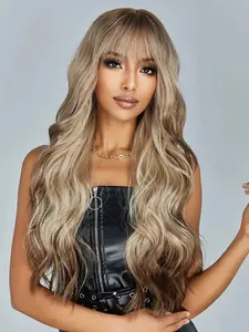 Premium Light Brown To Blonde Ombre Wig With Bangs Long Curly Wave Synthetic Hair Heat Resistant For Black Women Natural Look High Density Tangle Free Pre Styled Daily Use Cosplay Ready Voluminous Curls Glueless Design Affordable