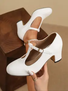 Spring and summer styles, T-strap with thin strap cutouts, round toe, thick heel, rubber sole, retro, elegant and fashionable, apricot and white women's high heels, suitable for weddings/dances/parties/Christmas/business gifts/autumn and winter/vacations
