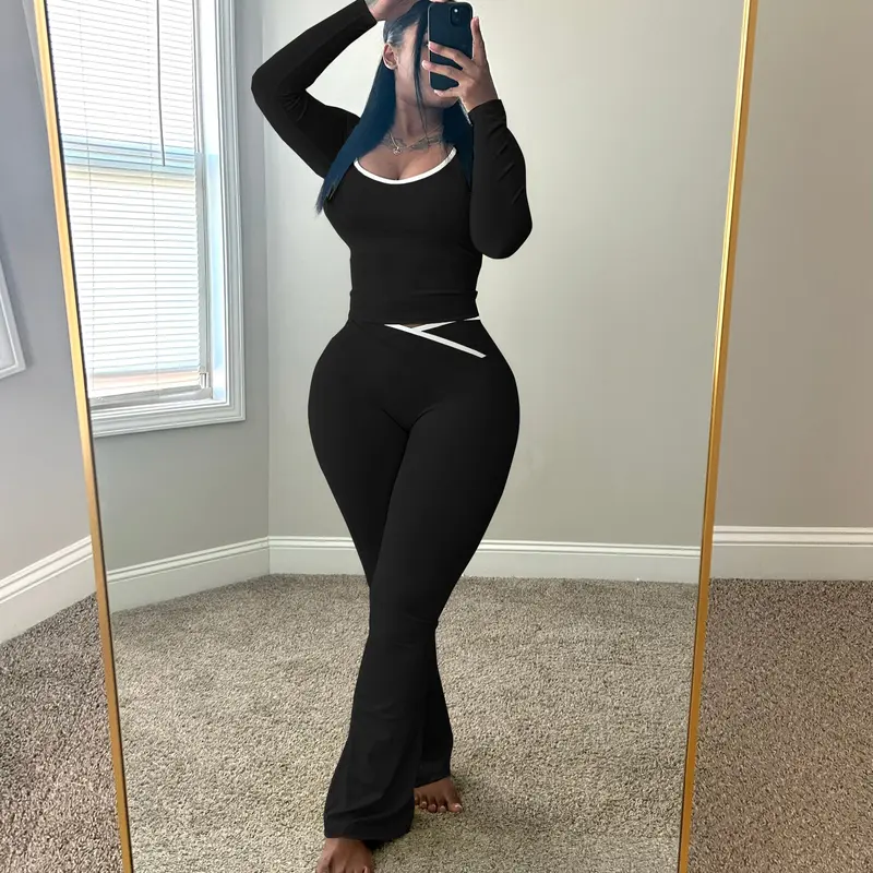 USBOUTIQUE CHIC Women's 2026 Fall Stretchy Two Piece Set Long Sleeve Top & High Waist Pants Slim Fit Lounge Outfit