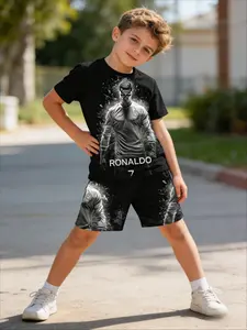 Kids Summer Casual Wear Outfit Set Boys CR7 Real Madrid Black White Shatter Light Effect Realistic Print Short Sleeve T Shirt + Shorts 2 Piece Set Football Fan Kids Clothing for School Daily Football Sport