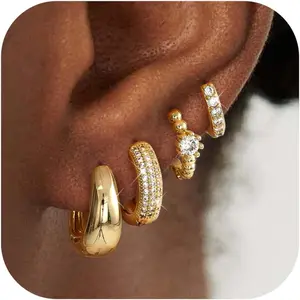 4Pairs Small Hoop Earrings for Women Trendy 14K Gold Plated Stackable Chunky Earrings Hypoallergenic Huggie Earring Stacks Lightweight Earring Sets for Multiple Piercing