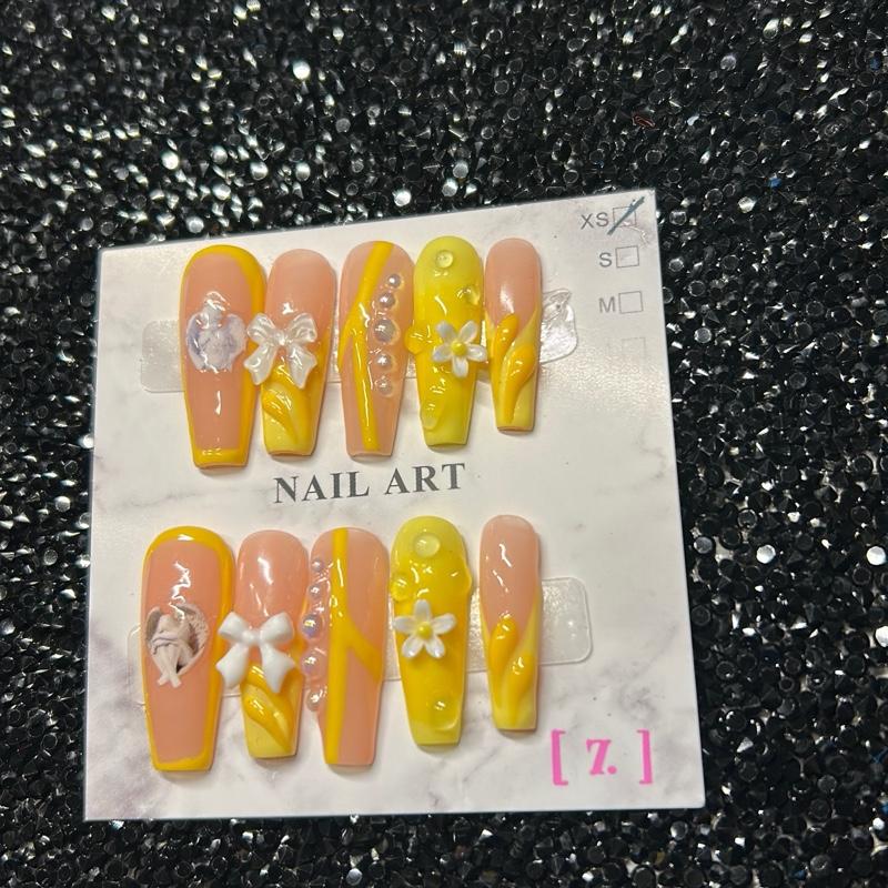 Yellow and Nude Press On Nail Art - Long Coffin Shape, Includes Application Kit, Size XS, Available in Various Designs