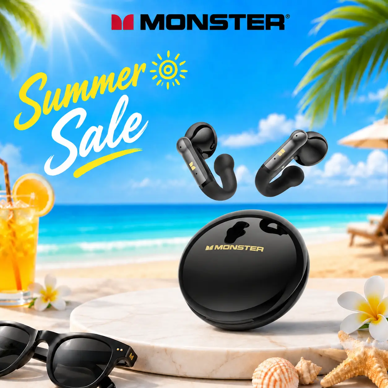 MONSTER Open Ear Clip-On Earbuds, Bluetooth 6.0 Wireless Earphones with 13mm Drivers, 4.3g Ultra-Light J-Shaped Comfort Fit, ENC Clear Calls, 165H Playtime, Water-Resistant Sports Headphones for Running & Workouts