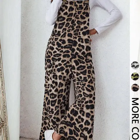 Women's Casual Leopard Print Loose Jumpsuit, Woven Fabric, Moderate Thickness, All Seasons Wear, Fitted Style, Pocket Design, Casual Fashion Jumpsuit, Leopard Print Romper