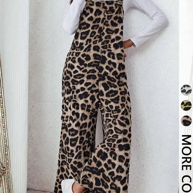 Women's Casual Leopard Print Loose Jumpsuit, Woven Fabric, Moderate Thickness, All Seasons Wear, Fitted Style, Pocket Design, Casual Fashion Jumpsuit, Leopard Print Romper