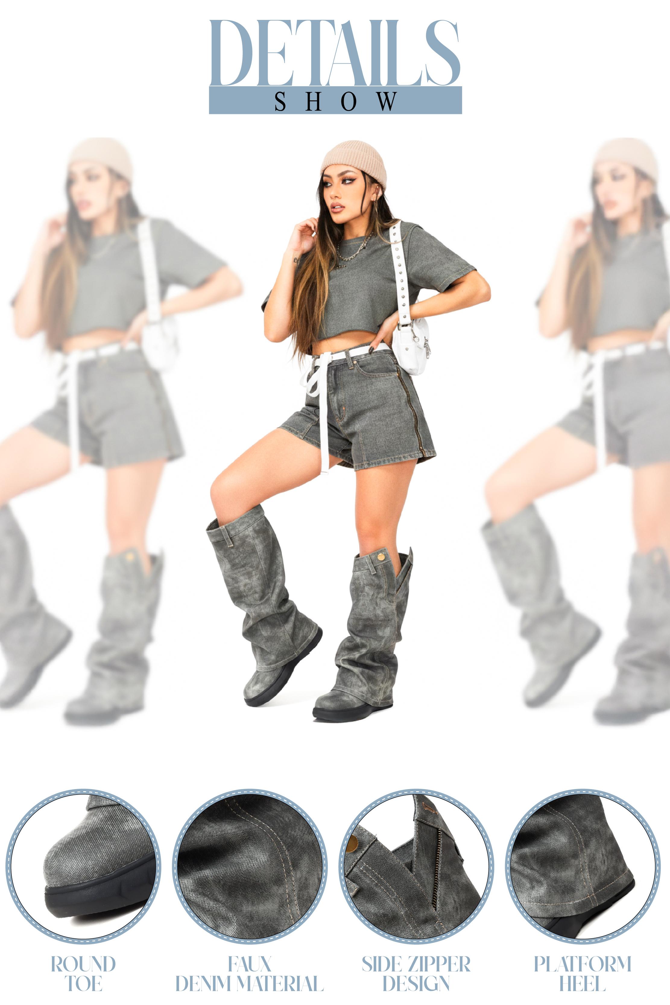 Womens Faux Denim Boots Mid Calf Boot Round Toe Slope Heels Zipper Button Design Easy Pull On Fold Over Slouchy Party Dressy Dailywear Gifts Riding Summer Casual Shoes