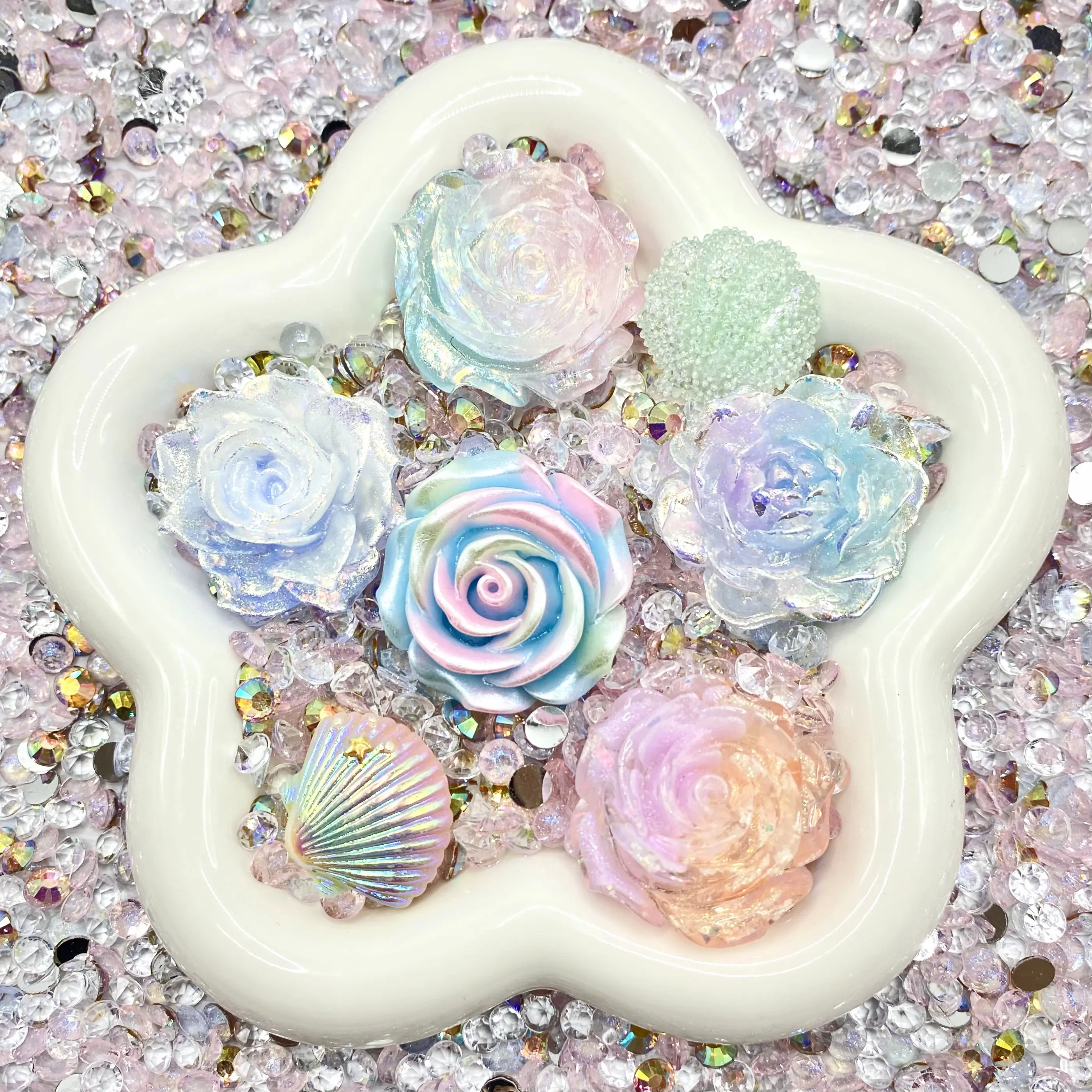 Mermaid Daydream -  Rose Mix - Floral Resin Cabochon Mix with Rhinestones – Assorted Flower Resin Charms for Whipped Cream Glue, Resin Art & Mirror Decoration