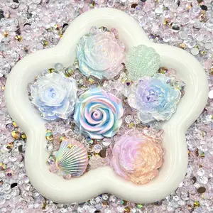 Mermaid Daydream -  Rose Mix - Floral Resin Cabochon Mix with Rhinestones – Assorted Flower Resin Charms for Whipped Cream Glue, Resin Art & Mirror Decoration
