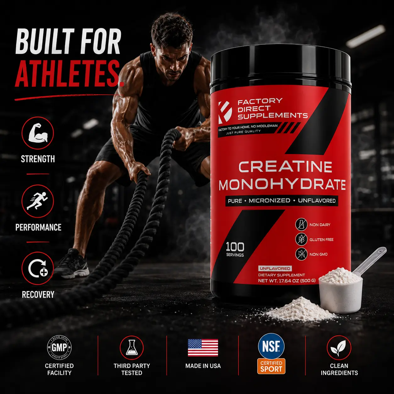 Factory Direct  Creatine Monohydrate Powder 500G  | Women & Men muscle growt maintain sports supplements, Pure NON-DAIRY&GMO unflavored,NSF SPORT Certified, Explosive strength Faster recovery Brain boost Healthcare Fitness