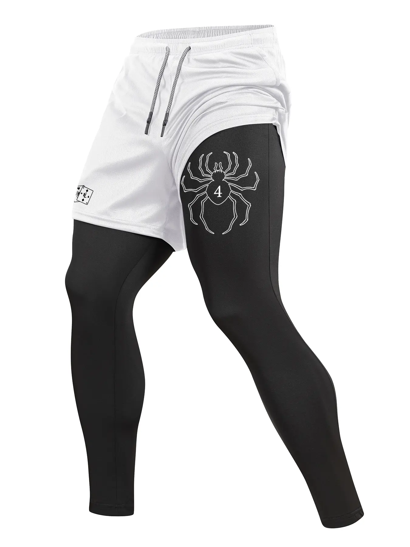 Men's Spider Print Athletic 2 in 1 Compression Pants, Spring & Fall Gym Workout Fitness Tights Leggings with Phone Pocket, Zipper Pocket, Towel Loop, Sporty Running Quick Dry Baselayer Activewear