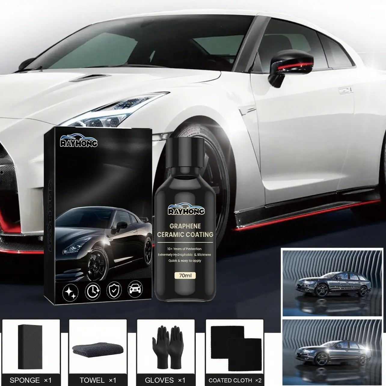 Graphene Ceramic Coating Kit - 70ml Professional Nano Coating for Car Maintenance, Car Enthusiasts, Superior Hydrophobic Effects, Water Spot Resistance, Long-Lasting Gloss, Paint Protection, Microfiber Towel, Glove, Bottle