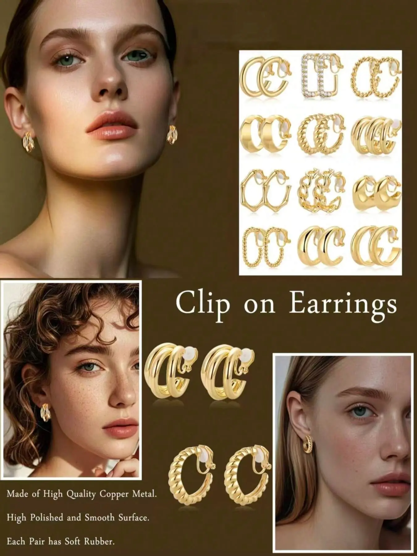 12 Pairs Non-Piercing Hoop Earrings Trendy Modern & Versatile Style (Soft Rubber Plugs, Easy To Put On/Take Off, Various Stylish Designs) for Women & Girls (Daily Wear, Party Looks & Fashion Styling)