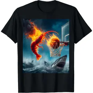 [Cotton graphic tees]men gifts Casual shortsleeve tops Shrimp Dunking on Shark Funny Fishing Meme T-Shirt Menswear Distressed