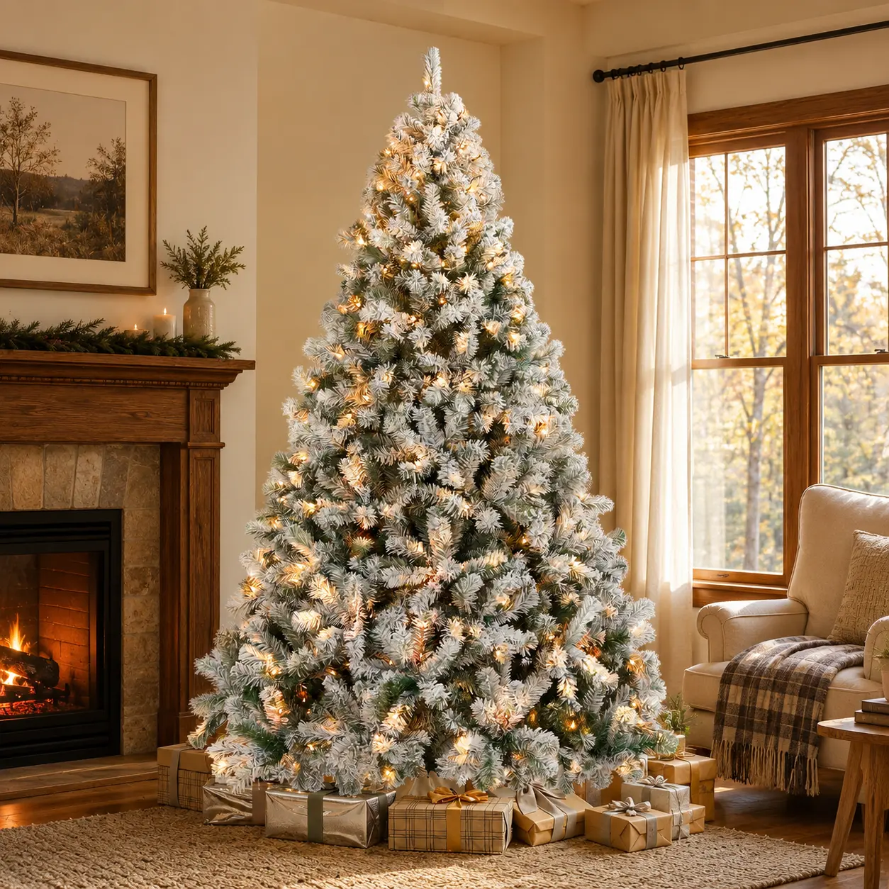 【Lush & Full】Yaheetech 4.5/6/7.5/9FT Snow Flocked Pre-lit Artificial Christmas Tree with 250 Warm White Lights, 820 Branch Tips & Foldable Metal Stand, Perfect for Home, Holiday Décor & Christmas Gift