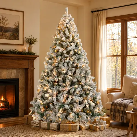 【Lush & Full】Yaheetech Multi-Size Snow Flocked Pre-lit Artificial Christmas Tree (4.5/6/7.5/9FT) with 550 Warm White Lights, 1284 Branch Tips, Foldable Stand, Festive Home Decor for Holiday Decorating & Gifting
