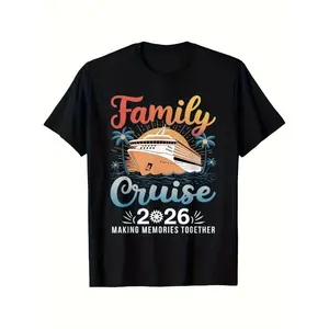 Men's-Women's 180gsm Heavyweight 2026 Family Cruise T-Shirt - Retro Cruise Ship & Palm Tree Print, Logo, Big & Tall Sizes, Matching Group Outfits, Vacation Souvenir, Comfortable Round Neck Short Sleeve Tee Casual Everyday Wear Crewneck Tropical