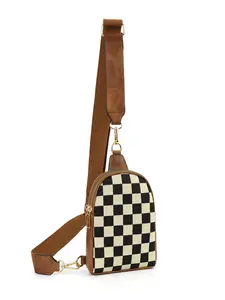 Checkered Pattern Fanny Pack, Fashionable PU Leather Sling Bag for Women, Casual Versatile Zipper Crossbody Purse with Detachable Strap for Travel & Daily