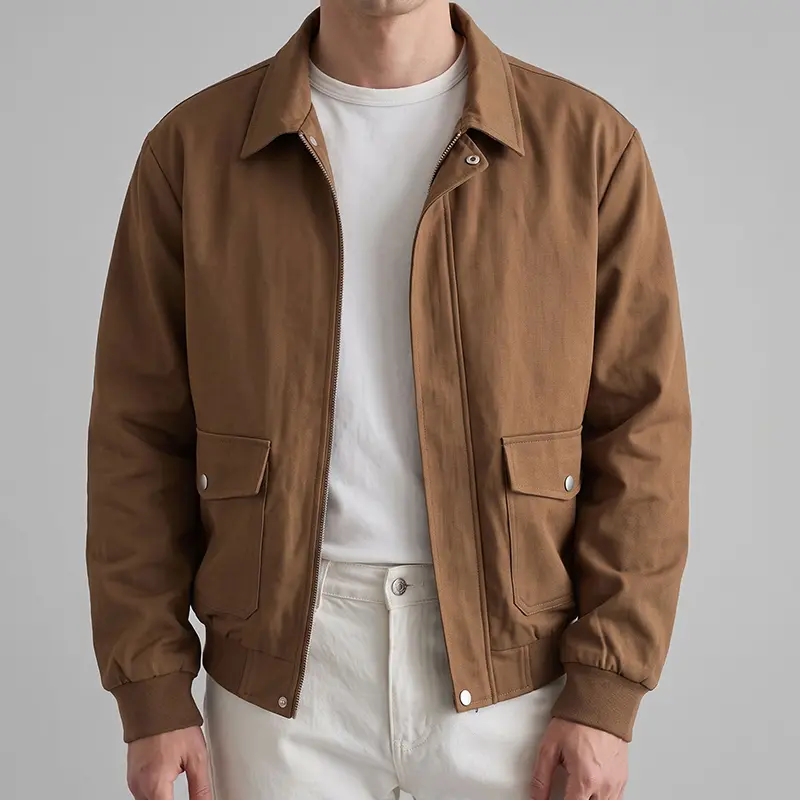 Men’s Khaki Turn-Down Collar Slim-Fit Aviator Workwear Coat, Menswear Lightweight Spring-Fall Outerwear with American Washed Solid Color, Double Flap Front, Large Pockets, Studs, Dropped Shoulders, Baseball Design for Commuting, Coats