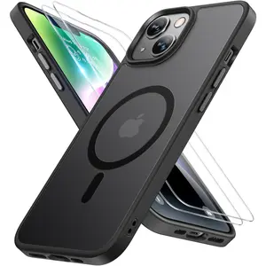 Magnetic for iPhone 17 16 15 14 13 pro max plus air Case 6.1 inch (Compatible with MagSafe)(with 2X Screen Protectors) Military-Grade Protection, Anti-Fingerprint Translucent Matte Phone Case Cover, Black
