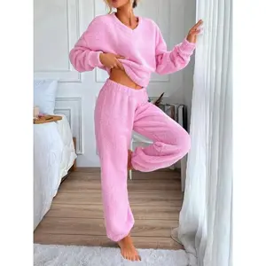 Women's Plush Pajama Set, V-Neck Casual Home Wear, Warm Autumn Winter, Comfortable Two-Piece Sleepwear for Ladies