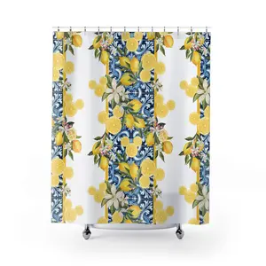 Vibrant Mickey Majolica Hidden Mickey lemon slices Lemons Floral Shower Curtain, Mediterranean Italian Tile Style, Tropical Decor, Bathroom Accessory, Lemon Print, Spring Gift, Home Decor