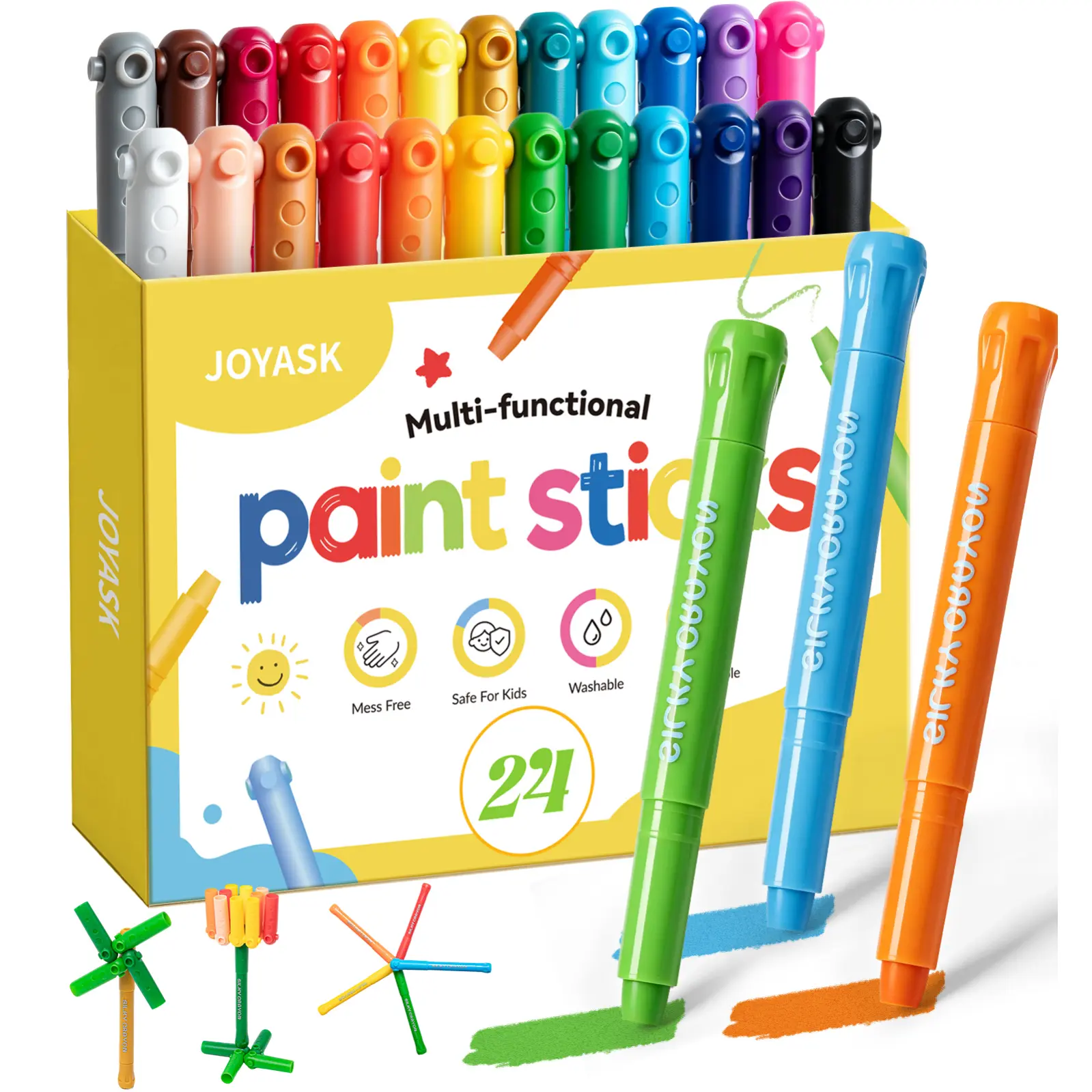 Silky Twistable Crayons, Washable Crayons for Kids Ages 4-8, Non-Toxic, Quick-Dry Paint Sticks with Interlocking Caps for Creative Building, Works Great on Paper, Wood, Canvas
