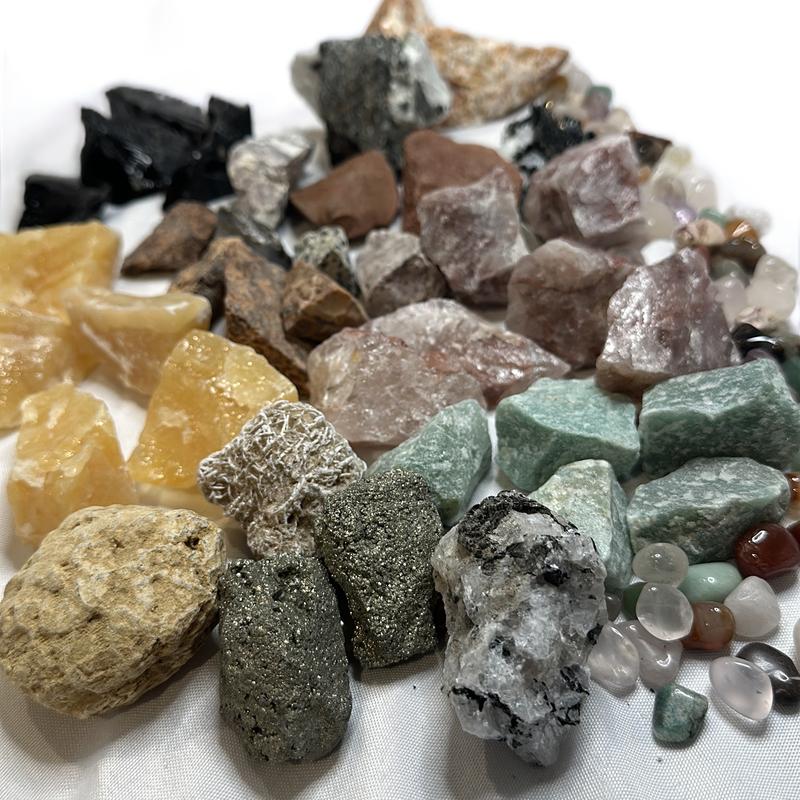 Raw Crystal Mining Bucket with Raw Crystals - 4 lbs Total Weight, rainbow moonstone , black obsidian , amethyst , fluorite , orange calcite so much more home decor natural crystal