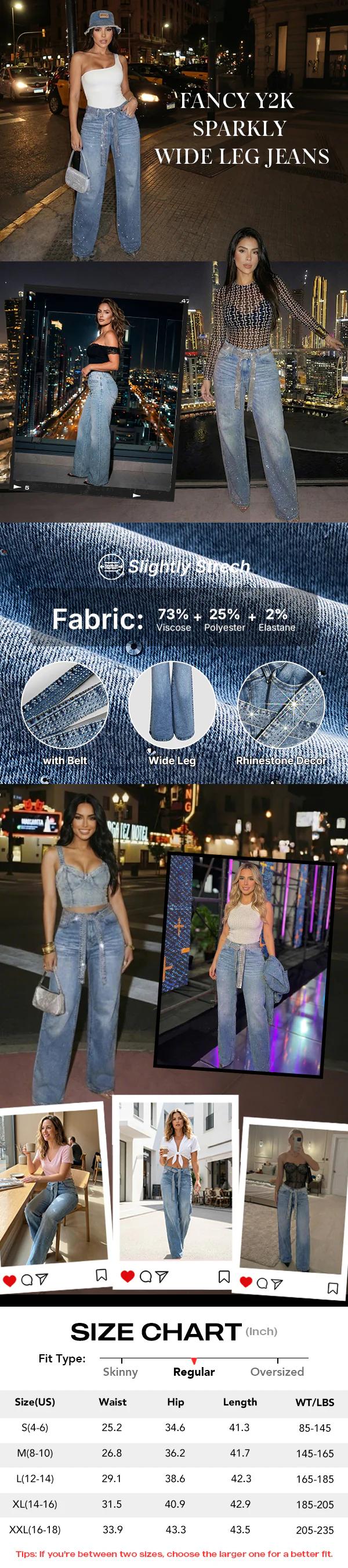 CHICME Women's Allover Rhinestone Decor High Waist Zipper Fly Baggy Jeans Casual Wide Leg Loose Fit Denim Pants with Rhinestone Decor Belt