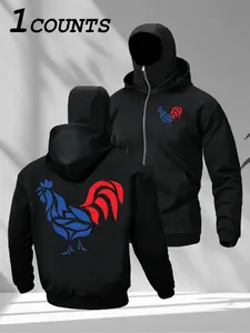 Men's Red - Blue Rooster Graphic Full - Zip Hoodie, French - Inspired Casual Streetwear Outerwear