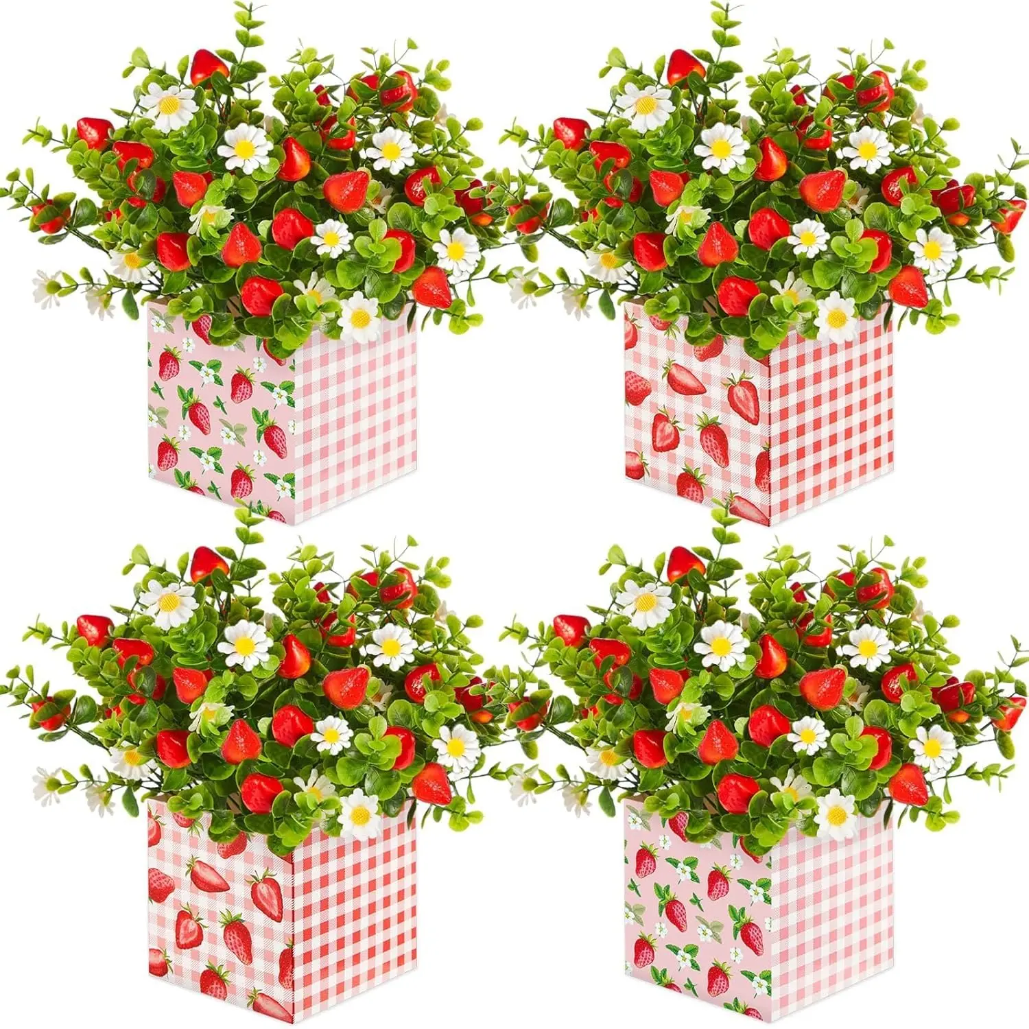 Summer Strawberry Table Centerpiece Decor Berry Box Decorations Artificial Strawberry Daisy Plant with Box and Fake Leaves for Sweet Baby Shower Farmhouse Home Party Wedding Kitchen(4 S