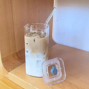 Clear Square Glass Tumbler with Lid & Straw - Minimalist Iced Coffee Cup for Latte, Milk, and Water - Reusable Drinking Glass for Home & Travel