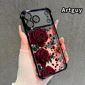 Blooming Ruby Roses Pattern Phone Case for iPhone 17 Pro Max 16 15 Plus Air 14 13 12 11 E Four Corners Air Cushion Anti-drop Silicone Shockproof Cellphone Cover