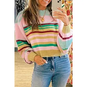 Multicolour Striped Knit Ribbed Trim Boxy Fit Cropped Sweater