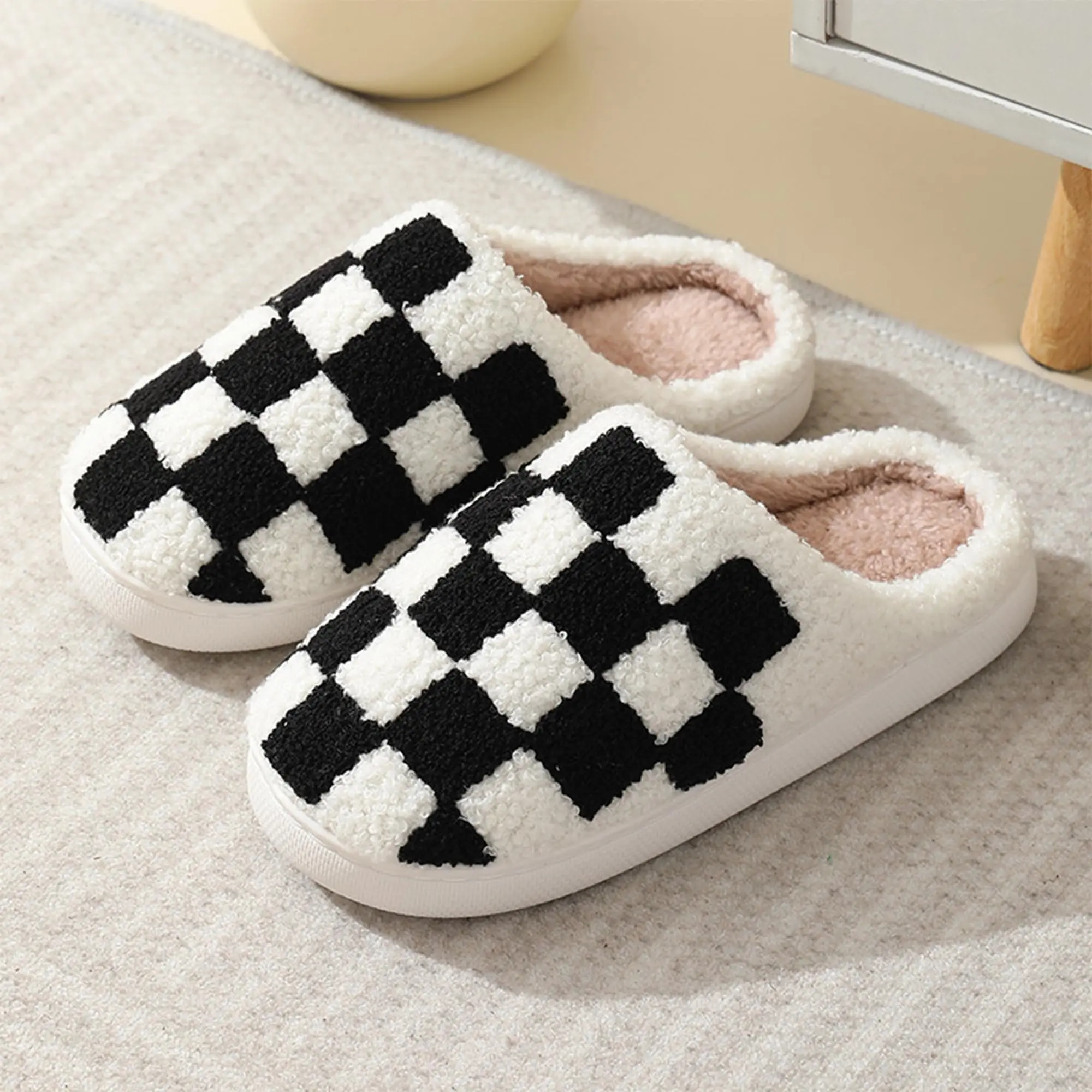 Checkered Fuzzy Memory Foam Women House Slippers - Trendy Checkerboard Fluffy Preppy Bedroom Closed Toe Sandals