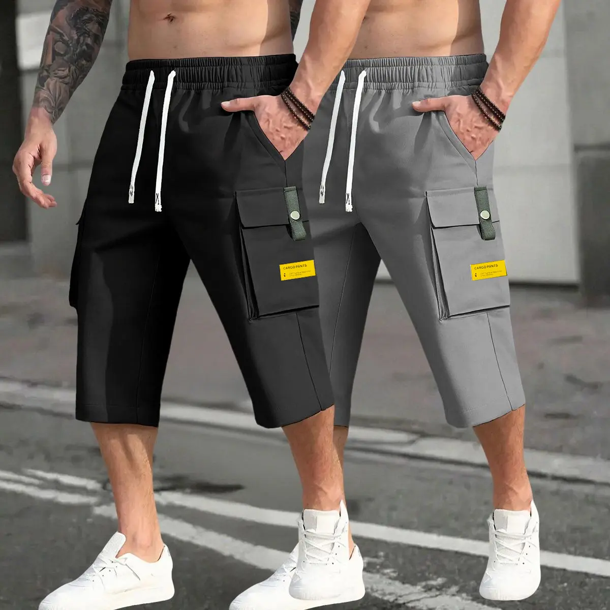 Men's Summer 2-Piece Menswear Cargo Matching Set - Drawstring Waist, Large Pockets, Stylish Letter Patches, Black + Gray Shorts Set Pants Plain Shorts for Casual Outings & Everyday Wear, Plain Shorts Set