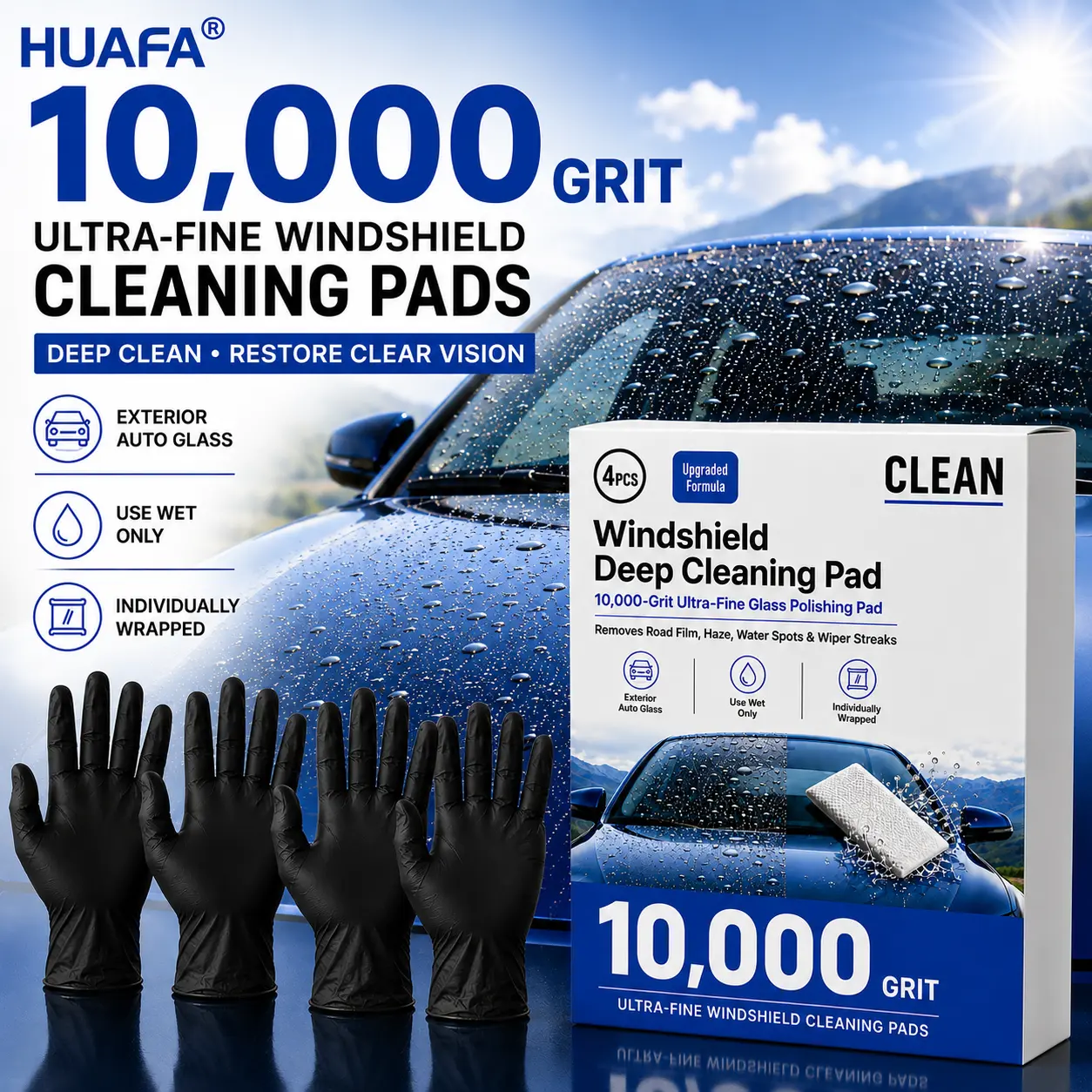 10,000 Grit Windshield Deep Cleaning Pads, 4PCS Auto Glass Cleaning Wipes with 2 Pairs Nitrile Gloves, Oil Film & Water Spot Remover for Car Windshield, Removes Road Film, Haze & Wiper Streaks