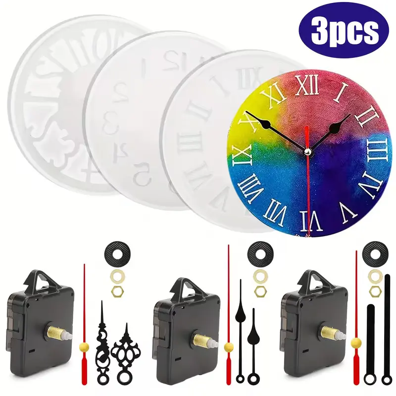 3 Sets Clock Resin Molds with Clock Movement Kits - DIY Silicone Wall Clock Molds with Roman & Arabic Numerals, Resin Casting Craft Supplies for Custom Home Decoration & Gifts