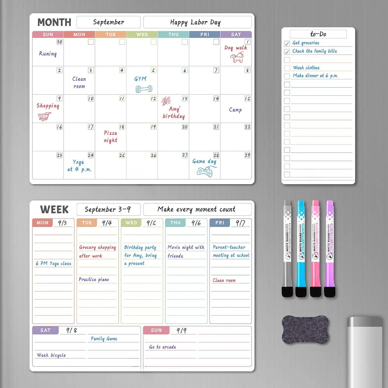 Dry Erase Refrigerator Whiteboard Calendar Set - Monthly/Weekly Planner Tool with List Board, 4 Markers + Eraser for Fridge Doors, Easy Cleaning