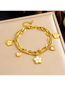 Fashionable and minimalist diamond-studded love heart white shell flower double-layer stackable stainless steel chain bracelet