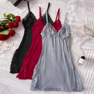 CHICME Women's 3-Pack Pajamas Set/Lace Pajama Set - Lace Trim Modal Cami Nightgown, Side Slit Sleep Dress with Bowknot, Soft Valentine's Day Sleepwear & Loungewear