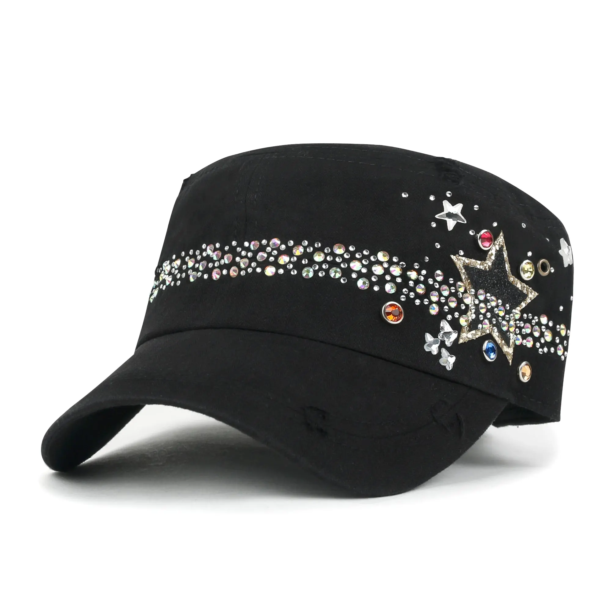 ililily Vintage Distressed Star Spangle Cotton Army Hat Rhinestone Cadet Cap