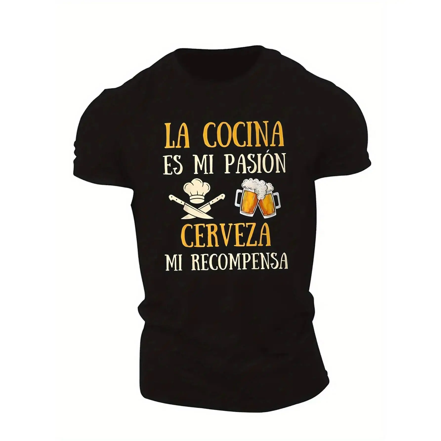 Menswear Unisex Classic Short-Sleeve Crew Neck T-Shirt, Soft Cotton Fabric, Spanish Chef & Beer Graphic, Funny Casual Streetwear for Kitchen Enthusiasts, Shortsleeve, Round Neck