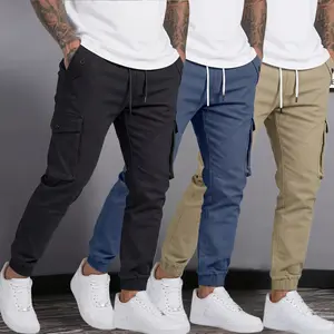 Men's Multi-Pocket Design Overalls Trousers, Solid Leggings - Drawstring Waist and Flip Pockets - Black Khaki Tactical Work Pants Paratrooper Pants for everyday wear.Outdoor, hiking, building construction - non-retractable durable wear-resistant fabric, c