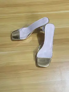 Multicolor Transparent Strap Square Toe Chunky Heel Slippers, Metal Trim and Open Toe Design, Comfortable Summer Footwear