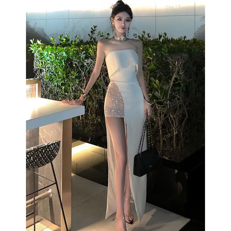 White strapless dress new French celebrity temperament high waist slit dress long skirt party birthday dress