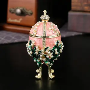Luxury Pearl Crown Fabergé Style Egg Jewelry Box, Enamel Lily-Of-The-Valley Storage, Organize Necklaces, Royal Home Decor
